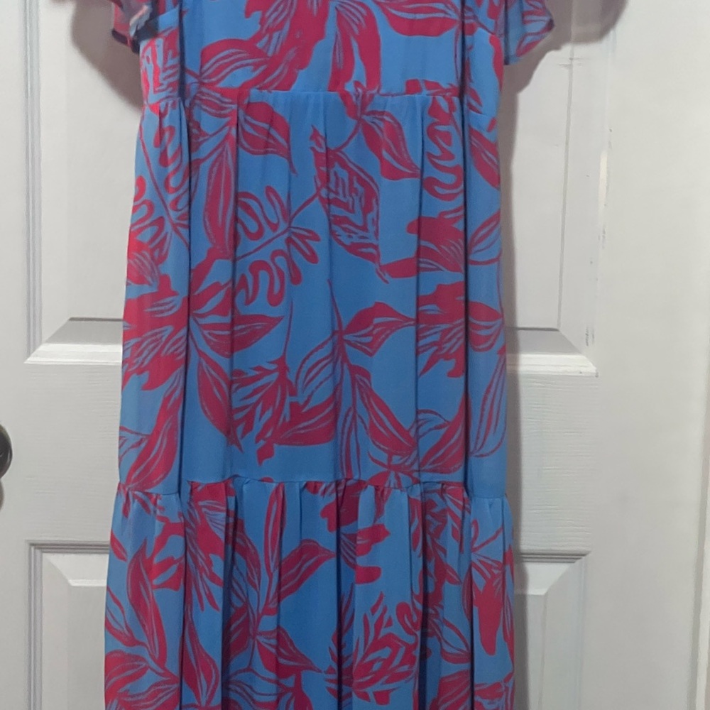 Flying Tomato Blue Maxi Dress with Pink Leaf Motif - Picture 5 of 6